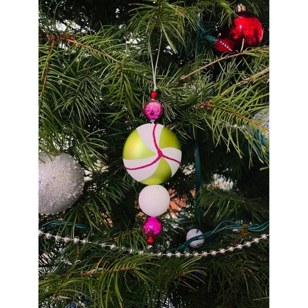 Vintage Beaded Tassel Teardrop Christmas Ornament Green Pink Collectible